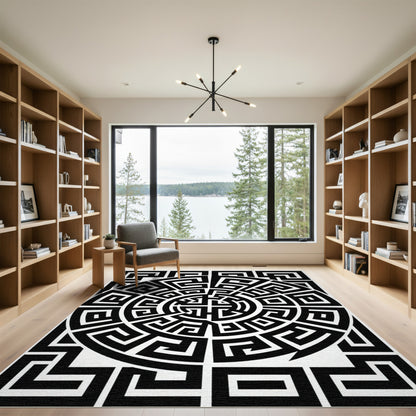 Black White Geometric Maze Circle Rug