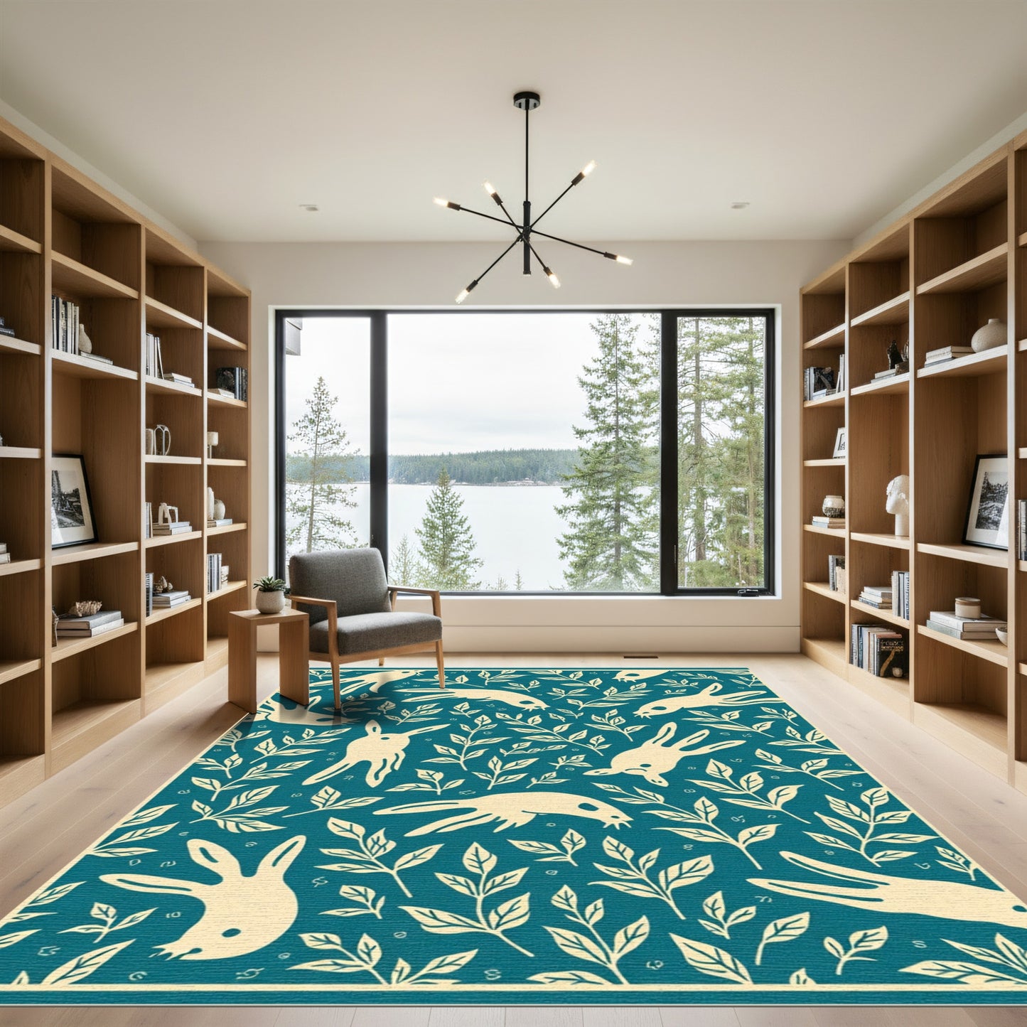 Cream Rabbits Teal Foliage Rug