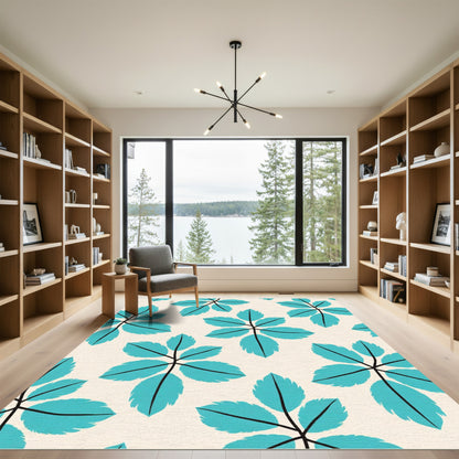 Turquoise Leaf Starburst on Cream Rug