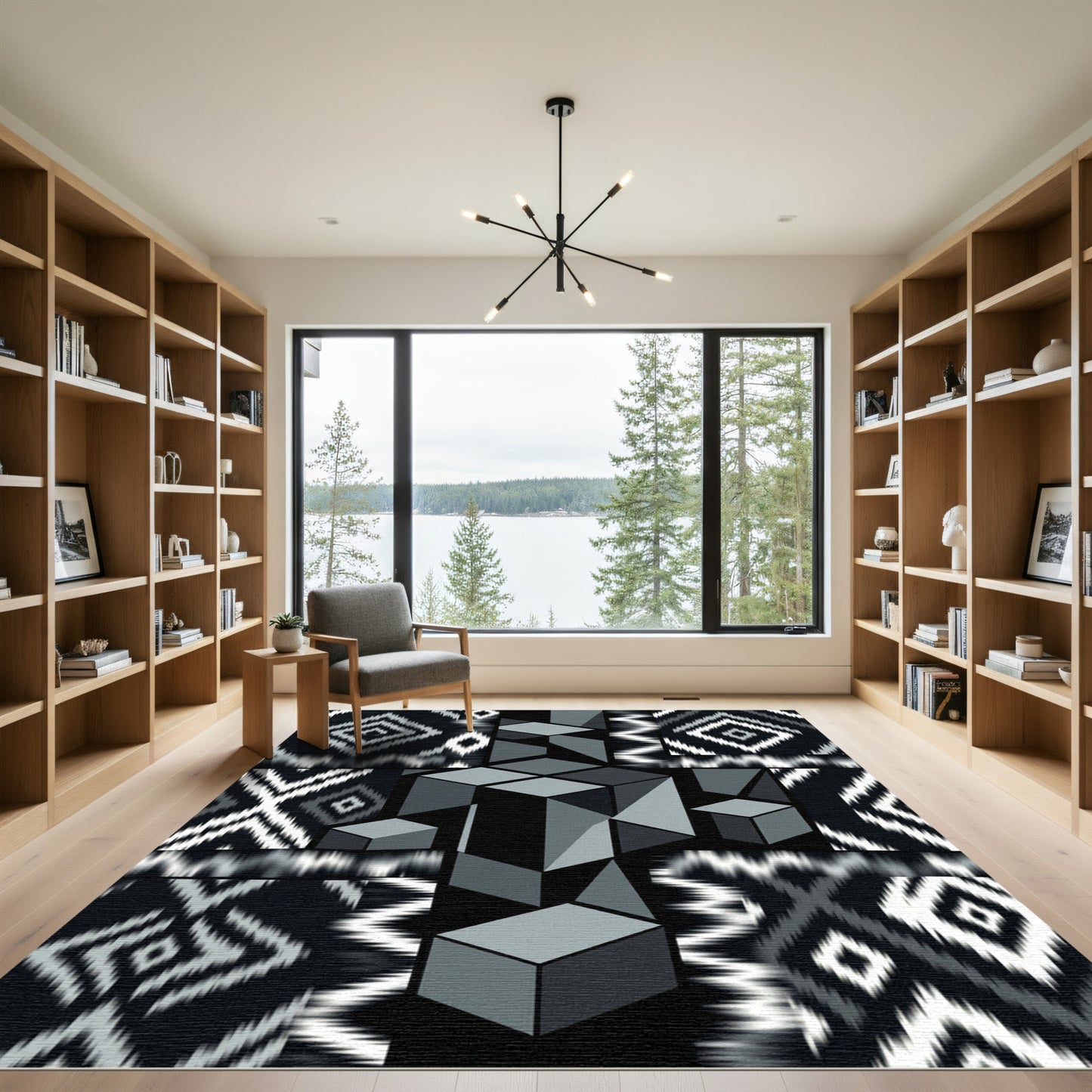 Monochromatic Geometric Cubes Ikat Collage Rug