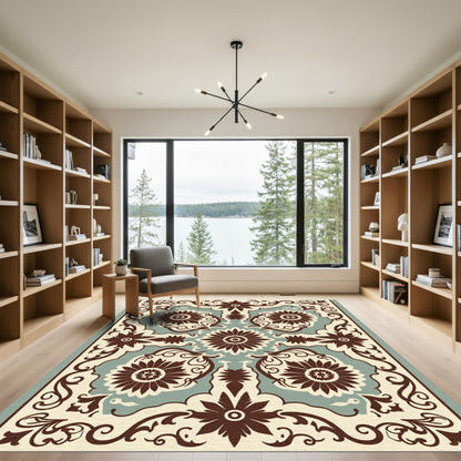 Brown Floral Medallion Cream Teal Rug