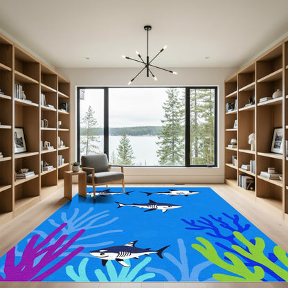 Playful Blue Ocean Shark Swimmers Rug