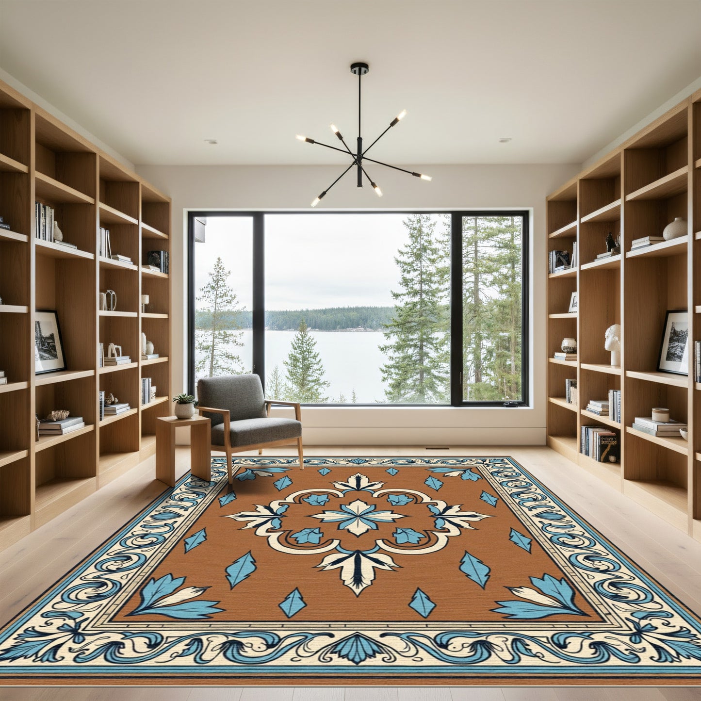Brown Blue Ivory Floral Medallion Border Rug