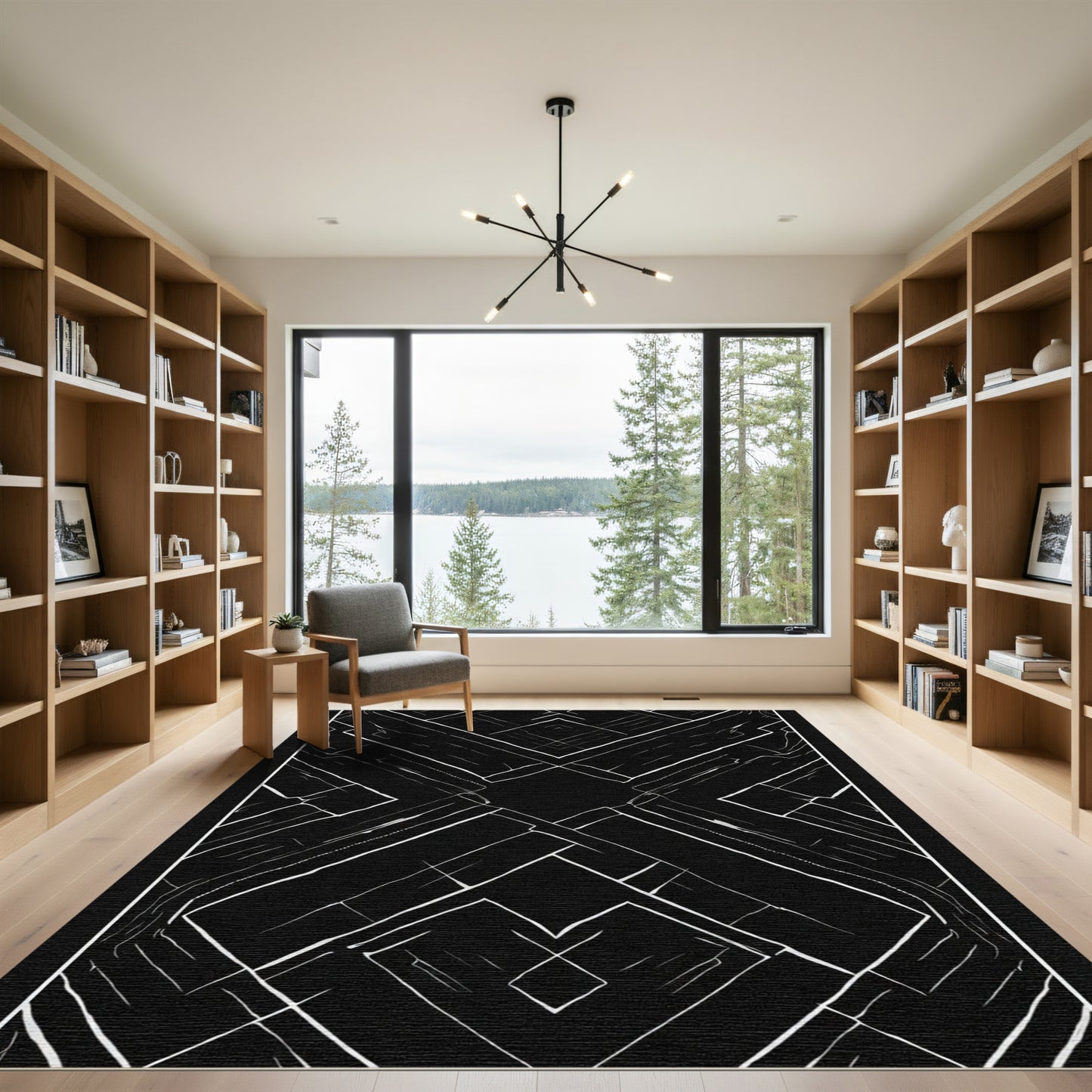 Bold Black White Geometric Overlay Rug