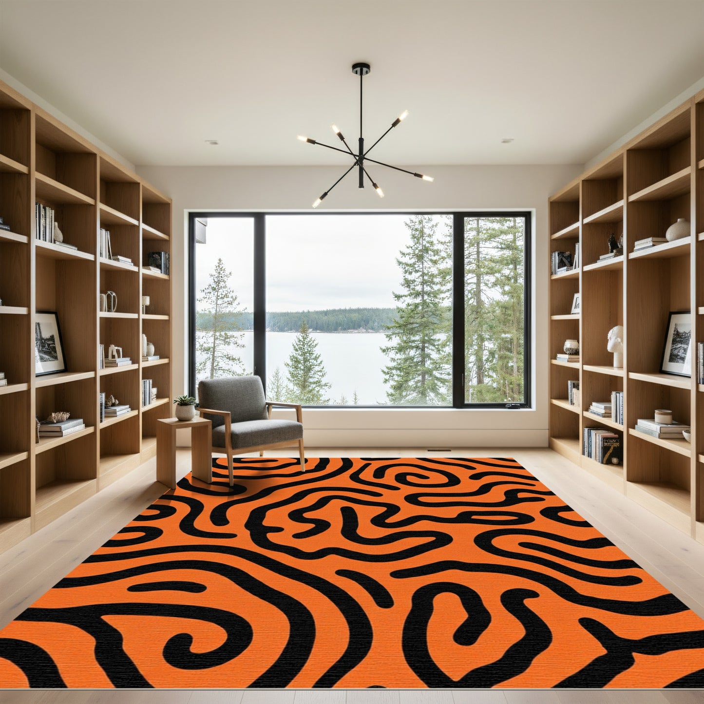 Orange Black Swirling Organic Lines Rug