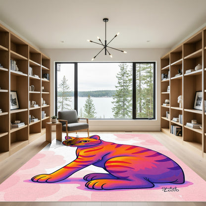 Vibrant Orange Cat Whimsical Stripes Rug