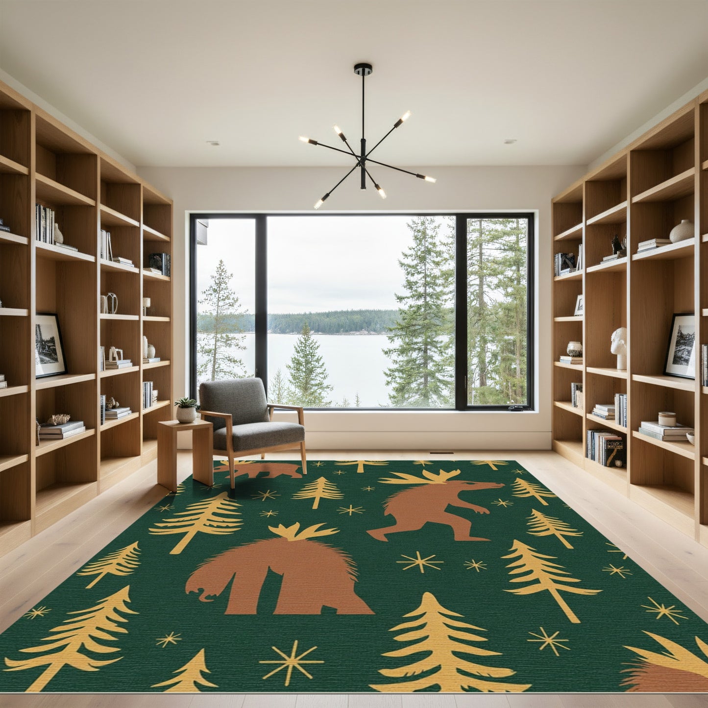 Woodland Creatures Forest Trees Emerald Gold Rug