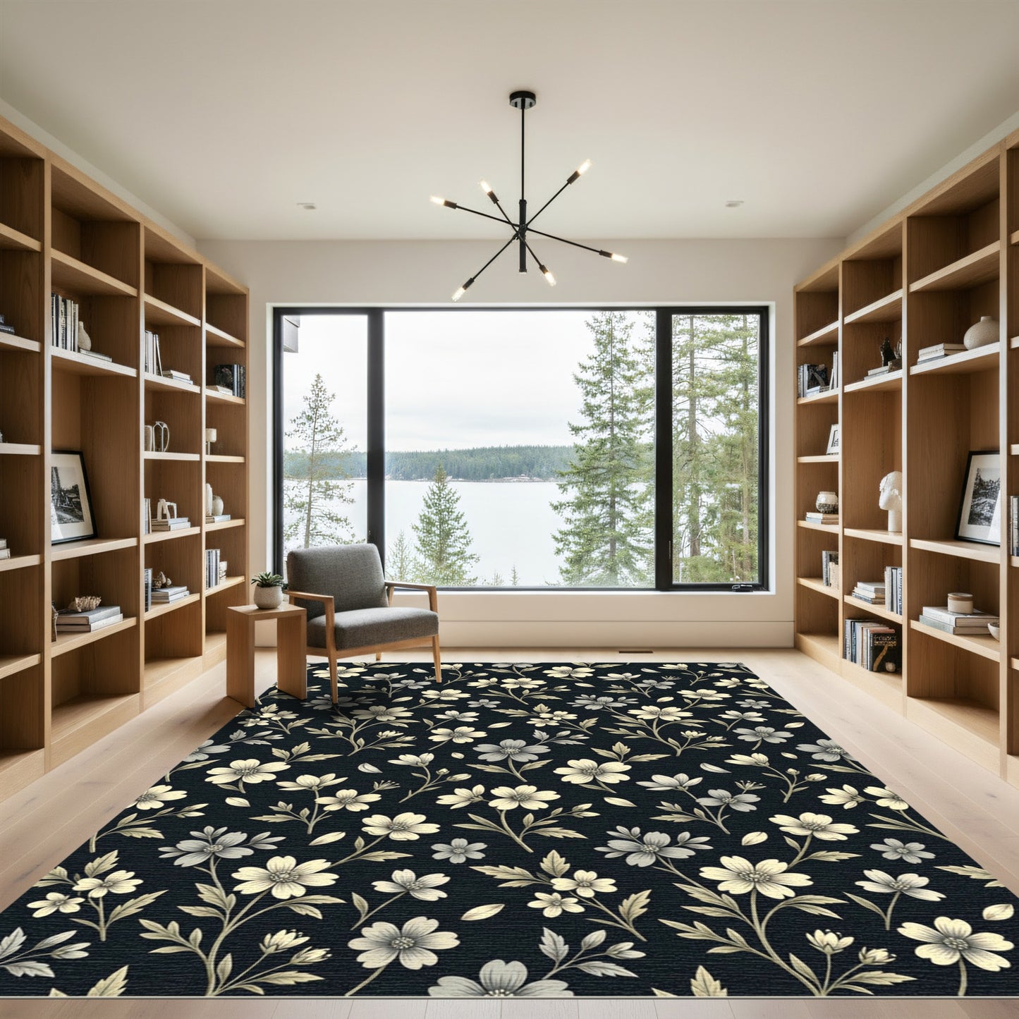 Black Cream Floral Botanical Sprigs Rug