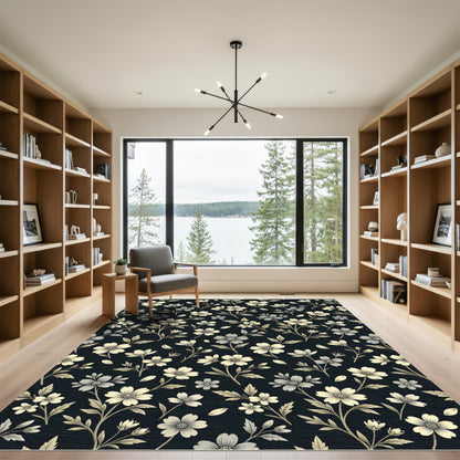 Black Cream Floral Botanical Sprigs Rug