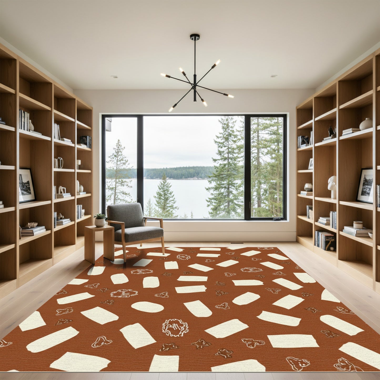Cream Shapes Scatter On Brown Field Rug