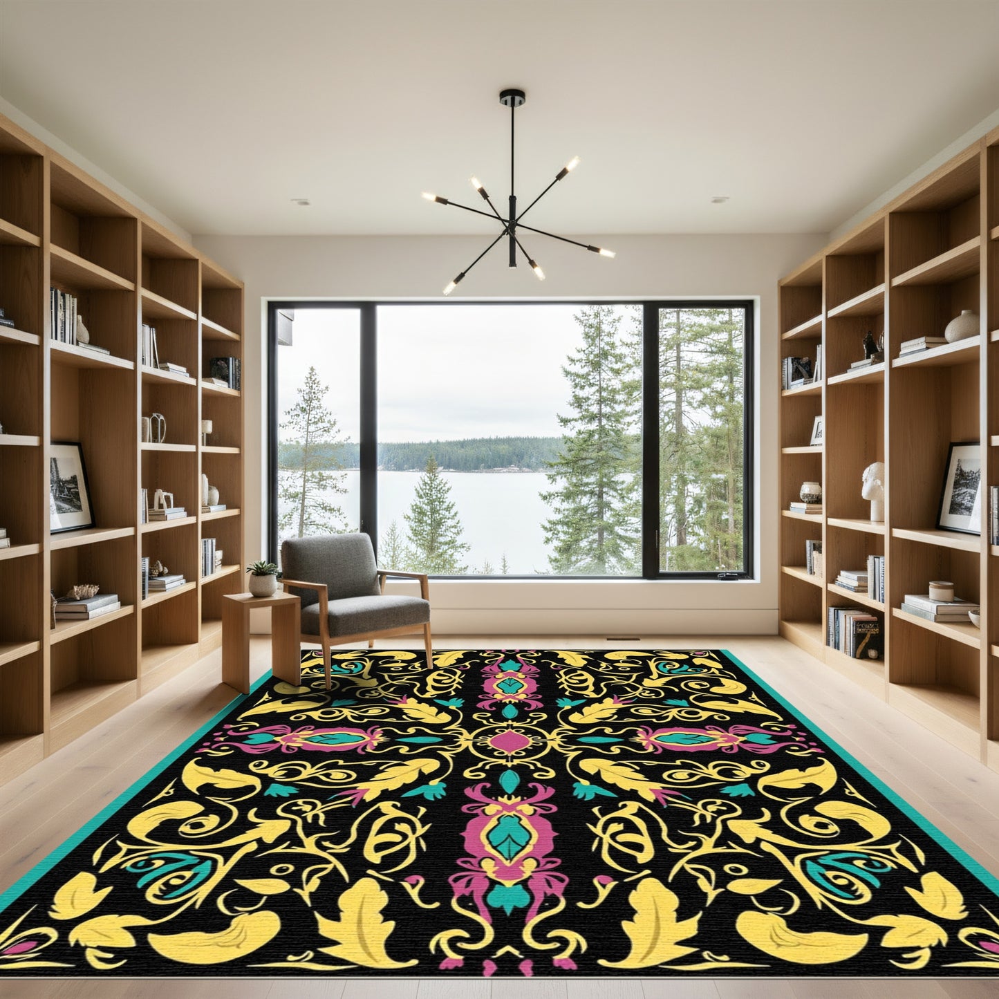 Vibrant Magenta Teal Yellow Floral Scroll Rug