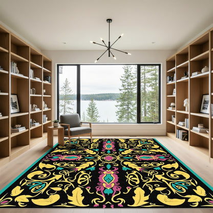 Vibrant Magenta Teal Yellow Floral Scroll Rug