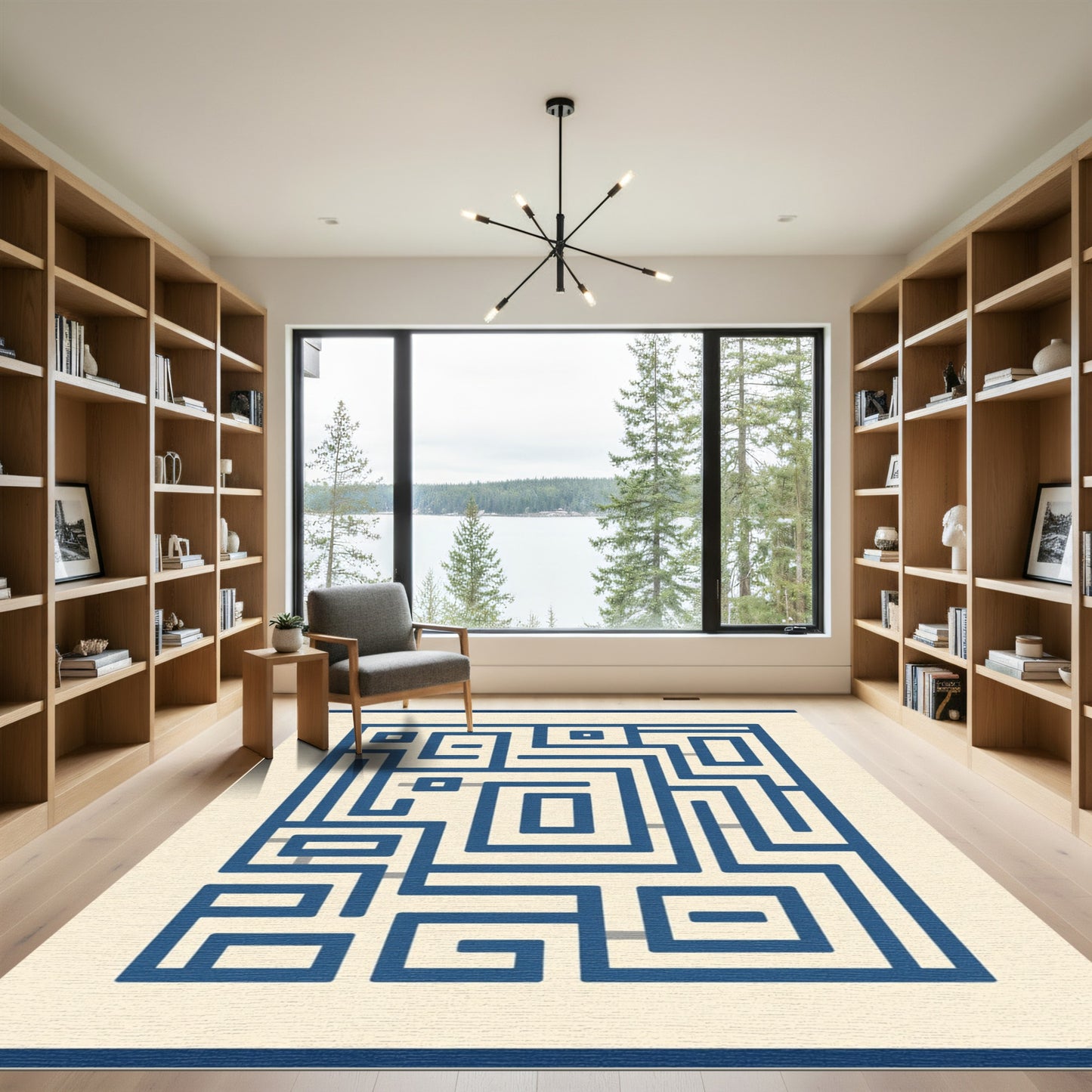 Dark Blue Maze Geometric Abstract Rug