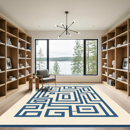 Dark Blue Maze Geometric Abstract Rug