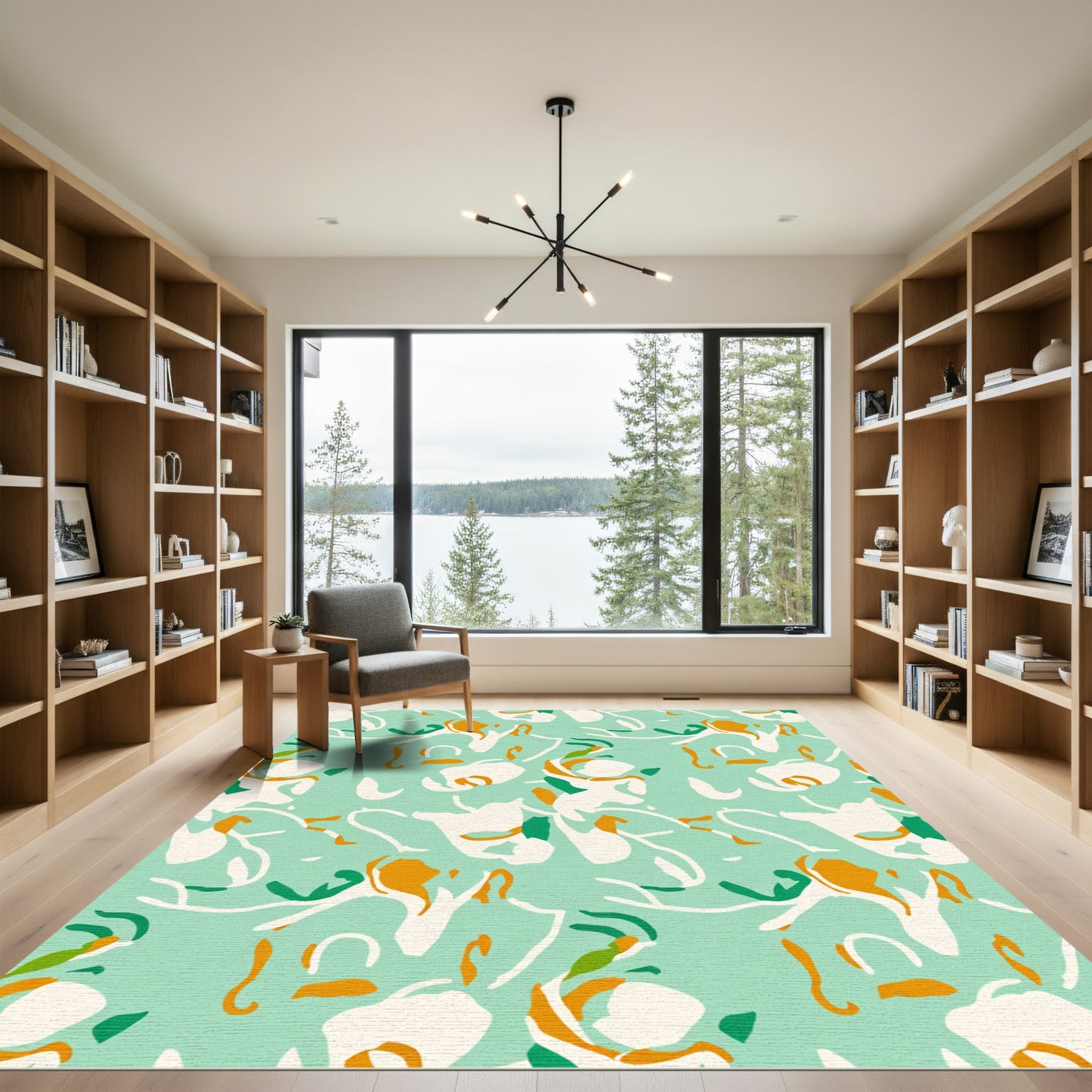 Abstract Aqua White Orange Swirl Rug