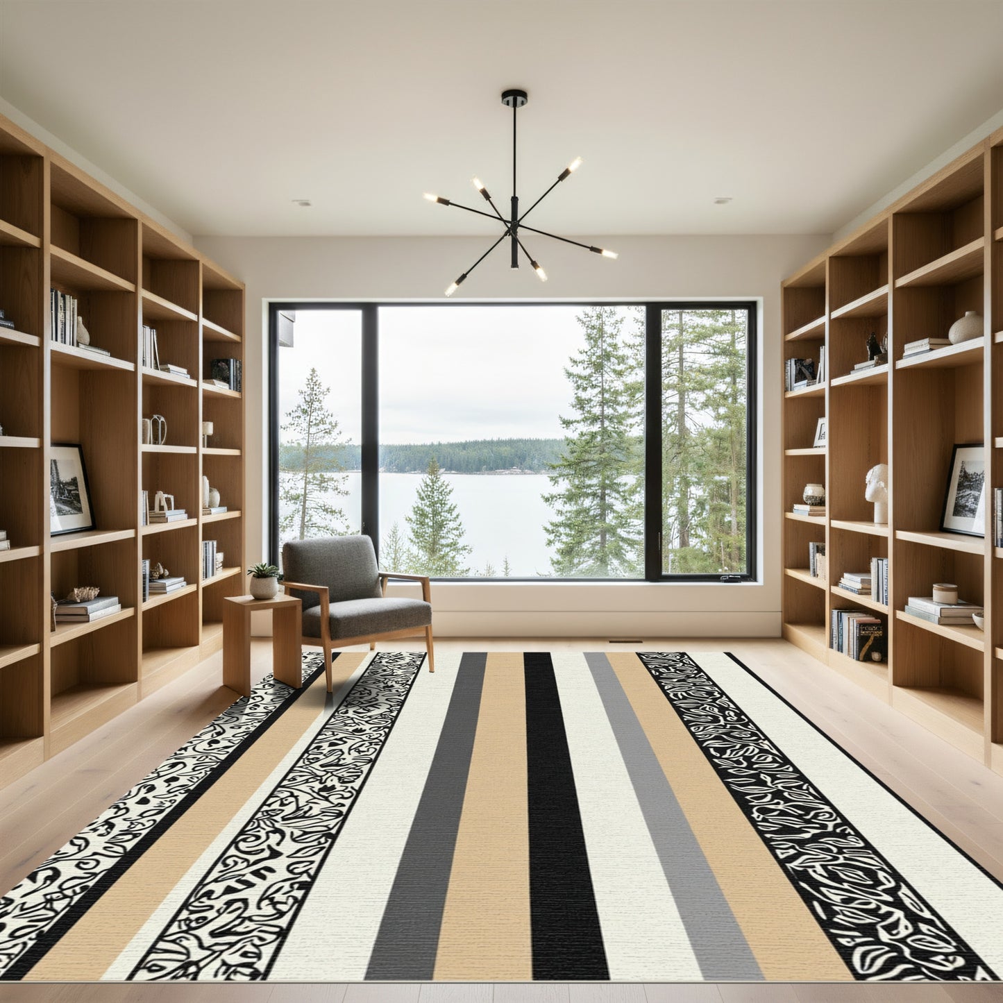 Striped Off White Beige Black Gray Rug
