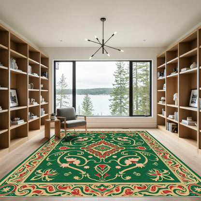 Ornate Green Red Foliage Medallion Rug