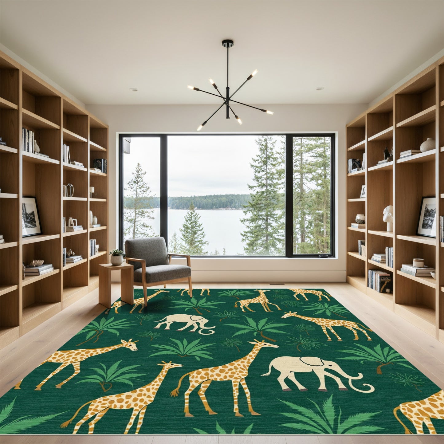 Jungle Giraffe and Elephant Scene Rug