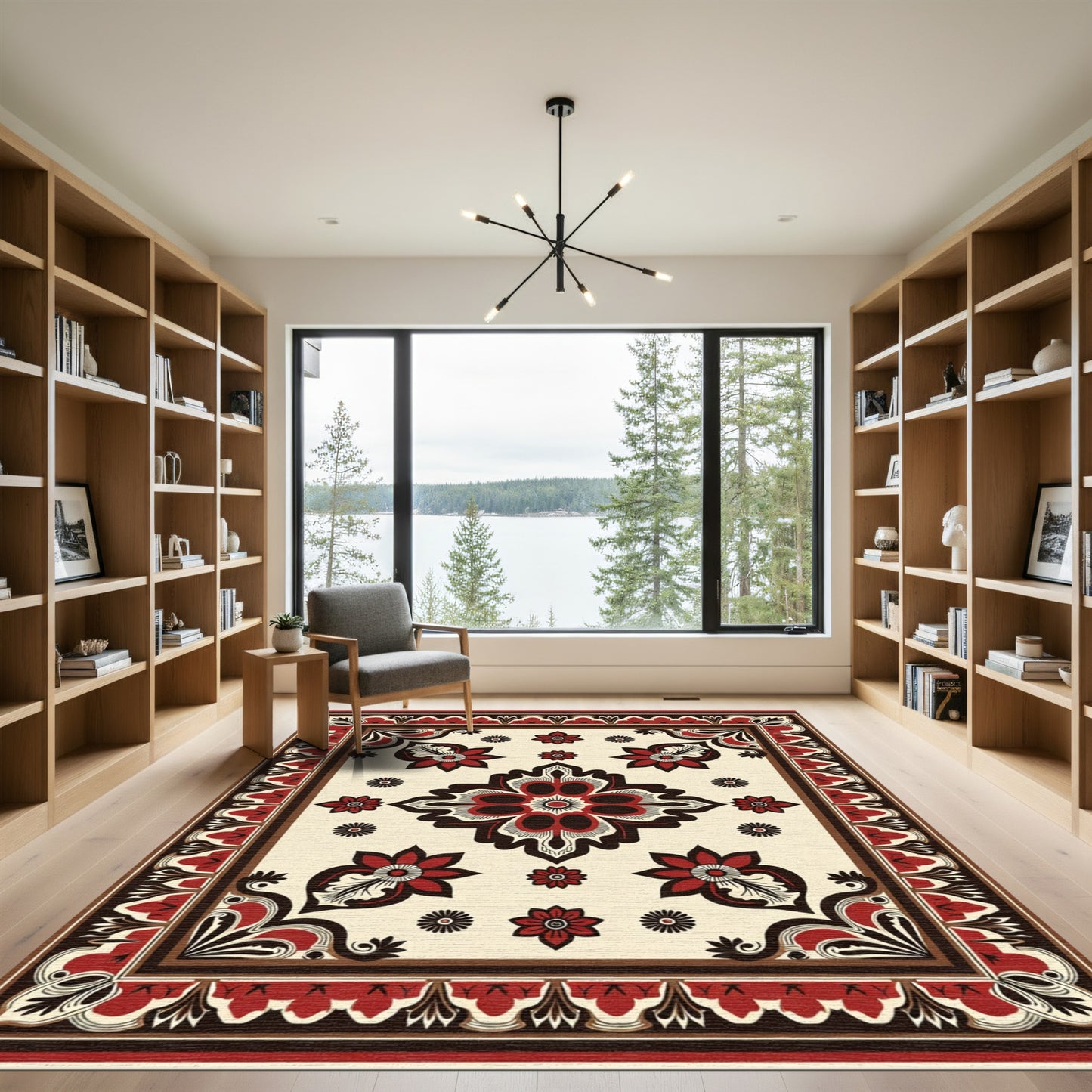 Ornate Bloom Arrangement Red Border Rug
