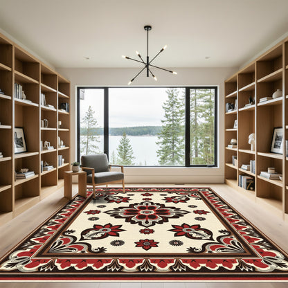 Ornate Bloom Arrangement Red Border Rug
