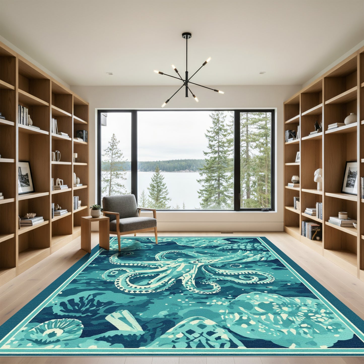 Aqua Octopus Undersea Coral Scene Rug