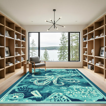 Aqua Octopus Undersea Coral Scene Rug