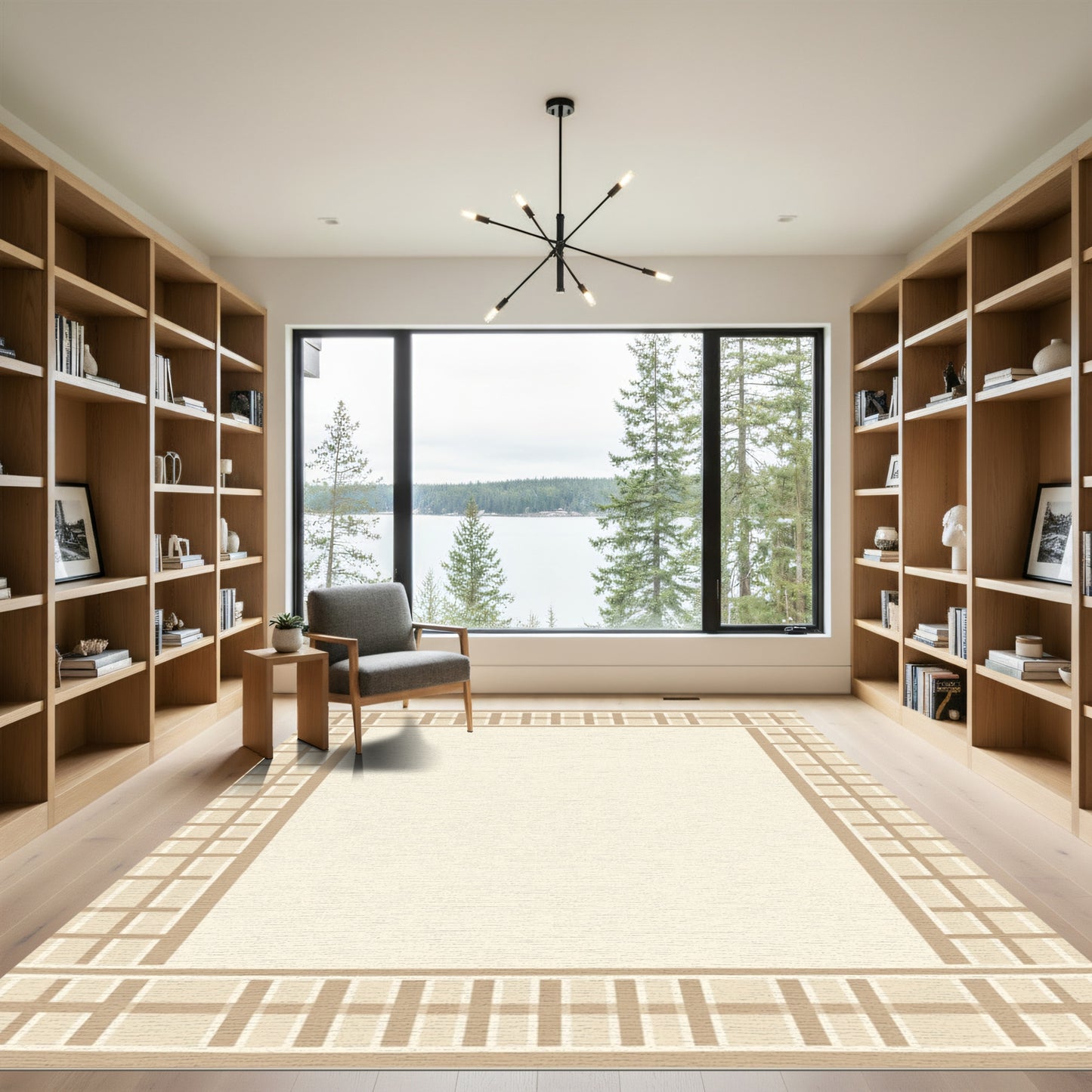 Cream Beige Checkered Border Rug