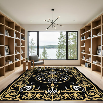 Black Gold Scrollwork Floral Medallion Rug