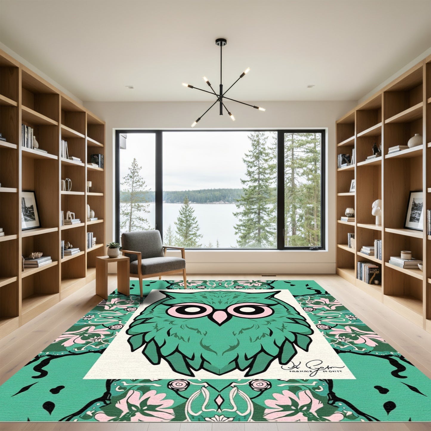 Whimsical Teal Owl Floral Medallion Rug