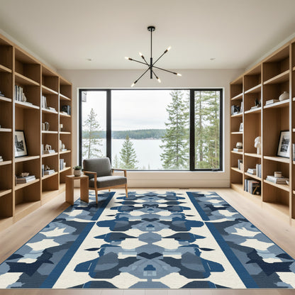 Deep Blue Abstract Geometric Medallion Rug