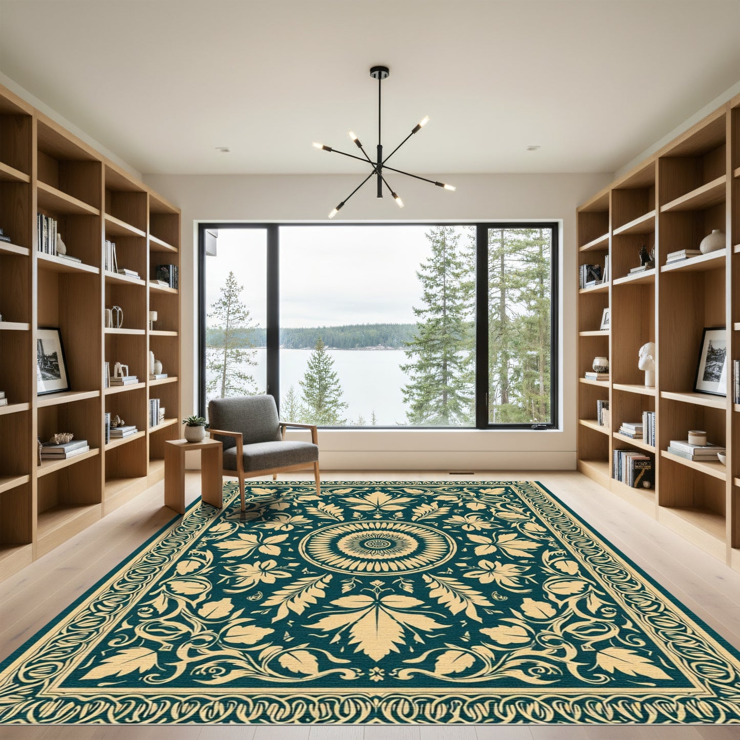 Deep Teal Floral Medallion Border Rug