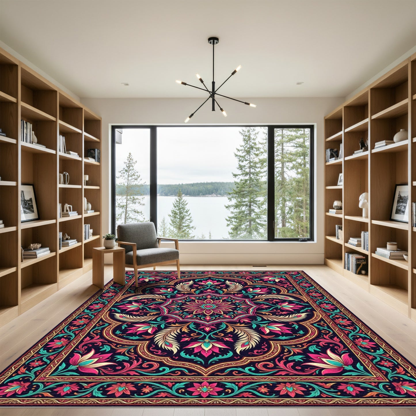 Vibrant Pink Teal Floral Medallion Rug