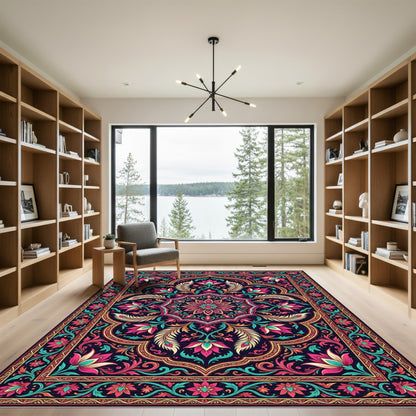 Vibrant Pink Teal Floral Medallion Rug