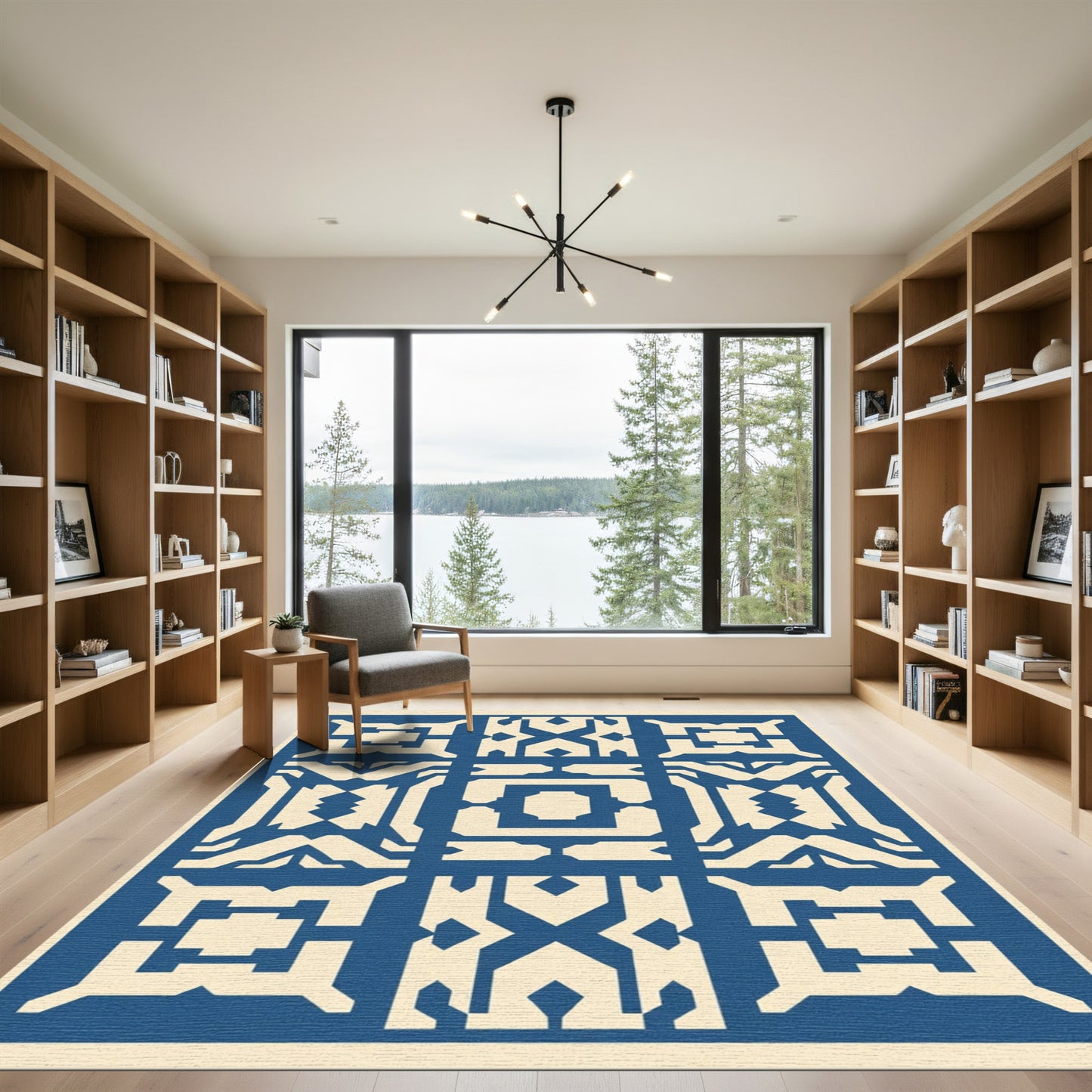 Geometric Blue Ivory Symmetry Arrangement Rug