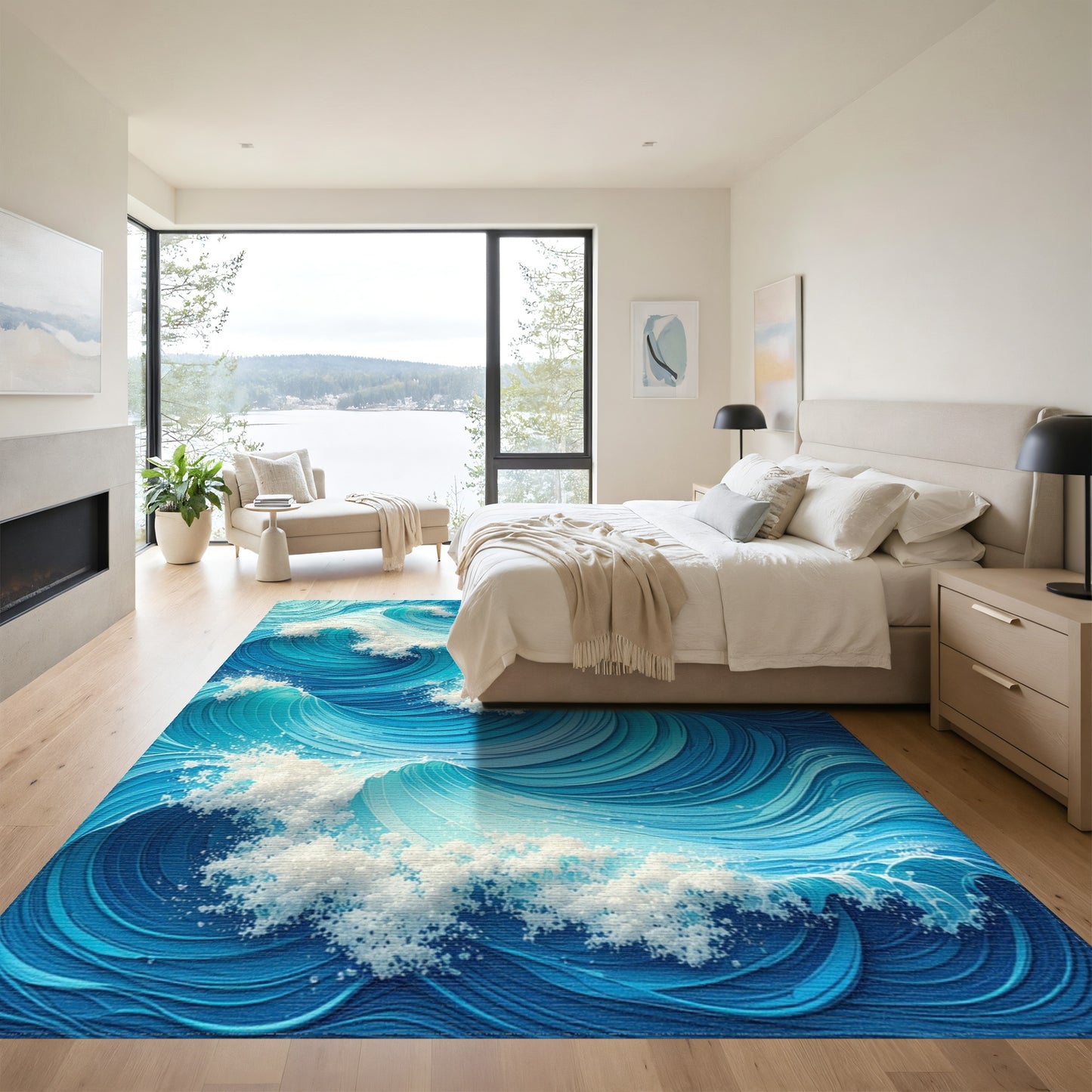 Teal Swirling Wave Crests Rug