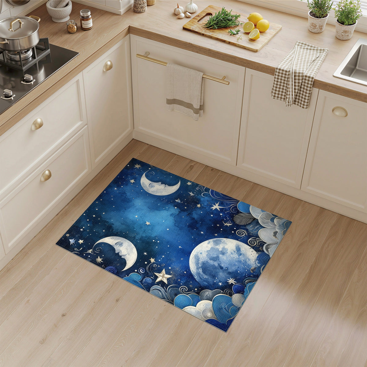 Celestial Moonlit Sky Blue Area Rug