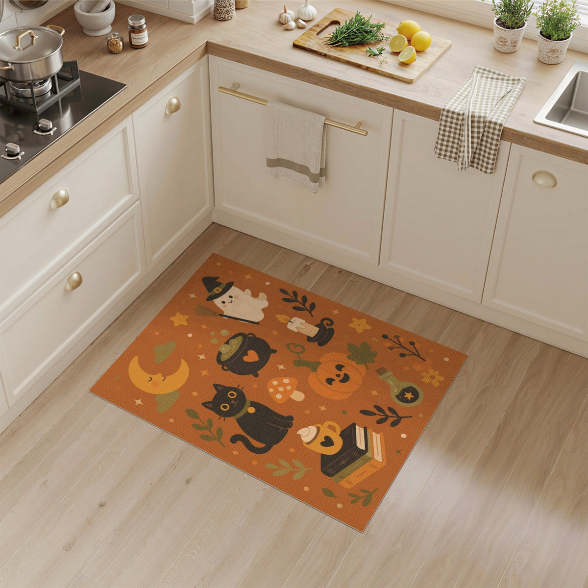 Halloween Orange Cartoon Rug with Black Cat and Pumpkin