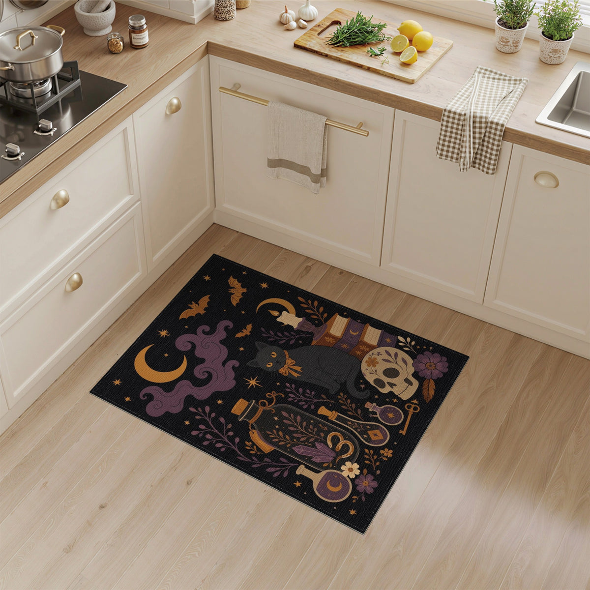 Mystic Black Cat Skull Washable Area Rug