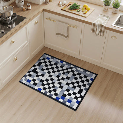 Black White Geometric Area Rug with Blue Accents