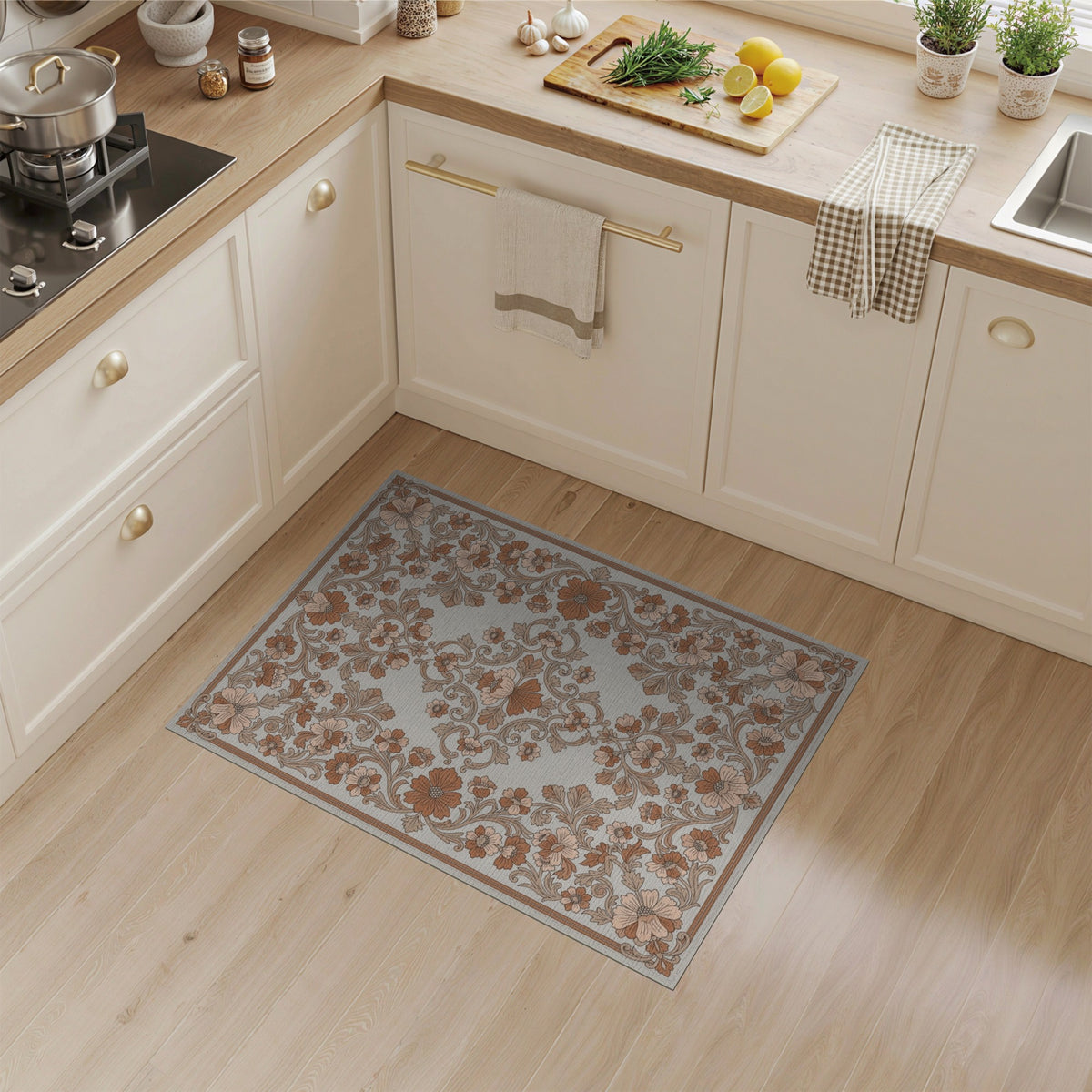 Brown Floral Vintage Washable Area Rug