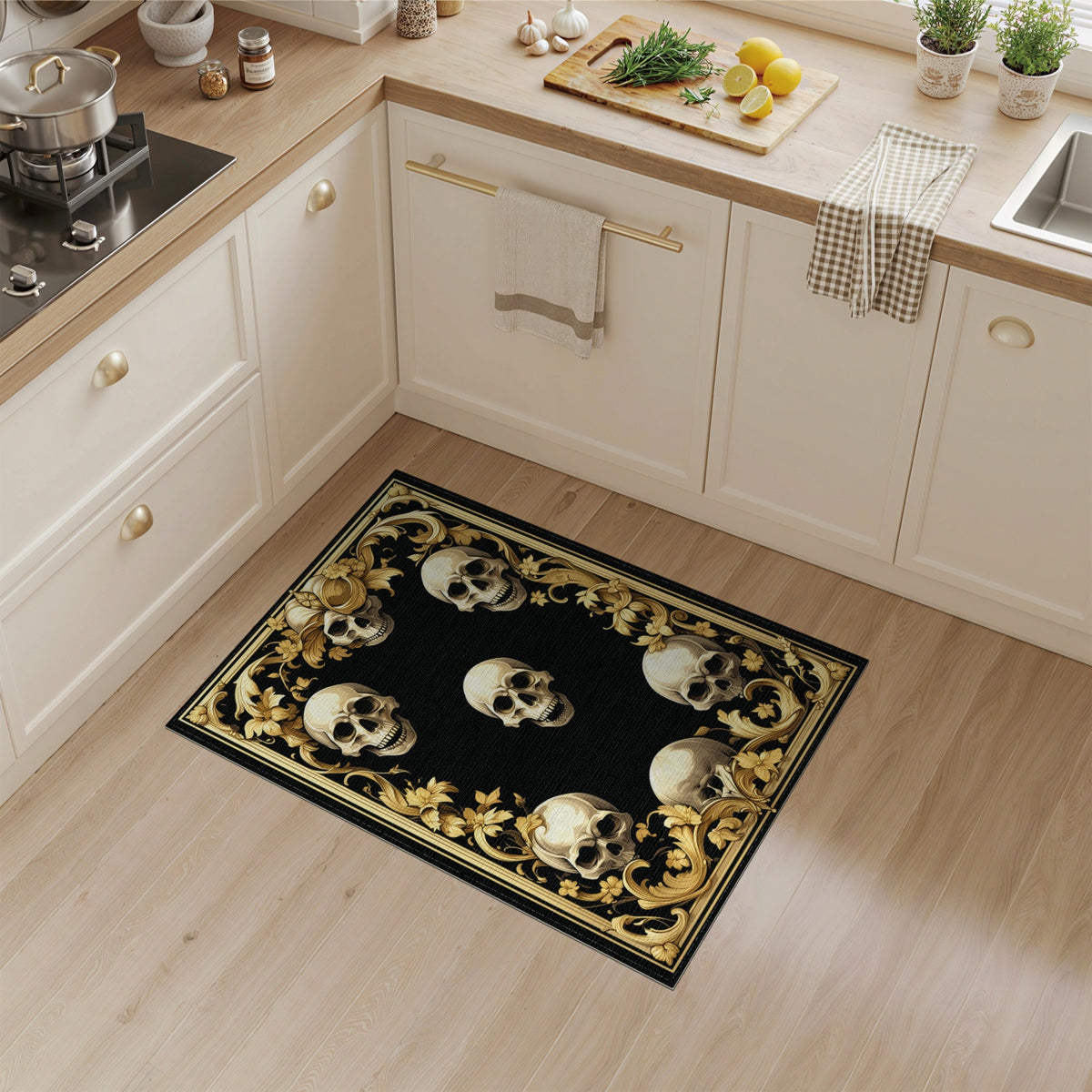 Ornate Gold Skull Floral Area Rug