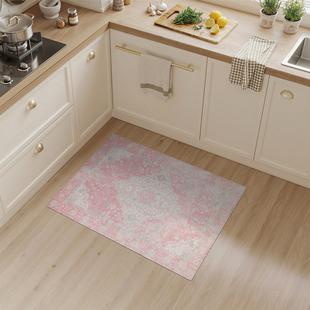 Pink Distressed Vintage Floral Distressed Vintage Area Rug