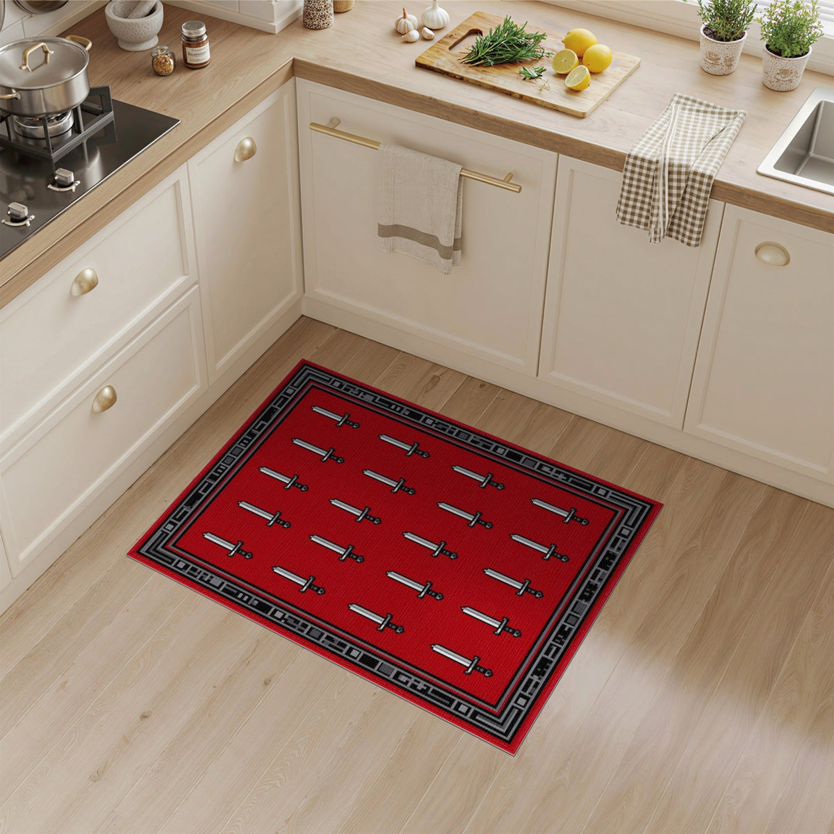 Red Sword Grid Area Rug