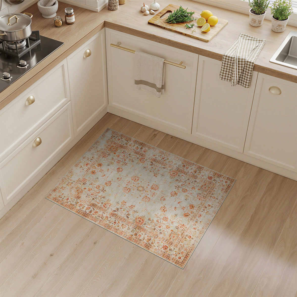 Distressed Floral Vintage Beige Area Rug