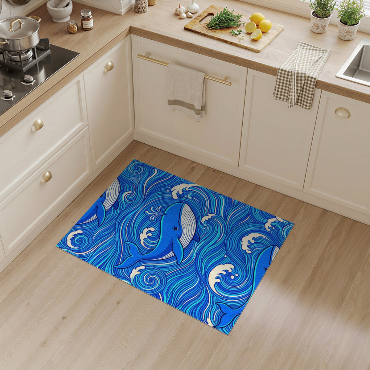 Blue Whale Ocean Waves Washable Area Rug