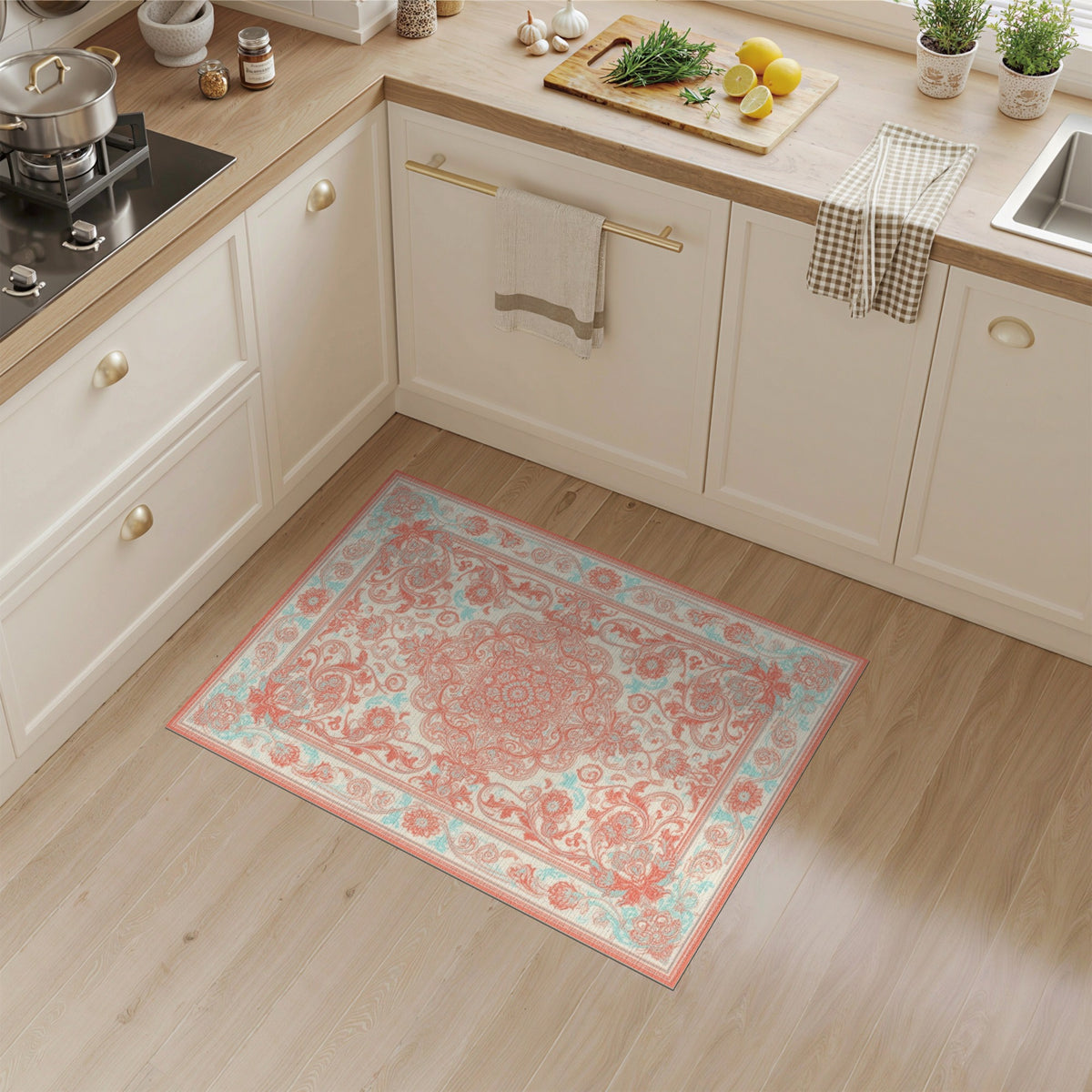 Coral and Teal Floral Medallion Area Rug