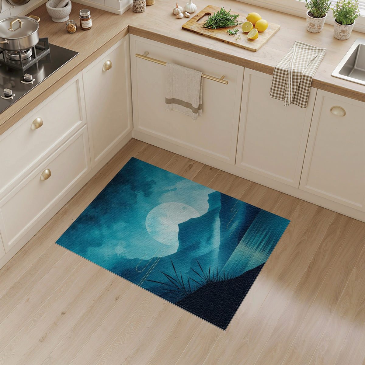 Blue Teal Moonlit Mountains Washable Area Rug