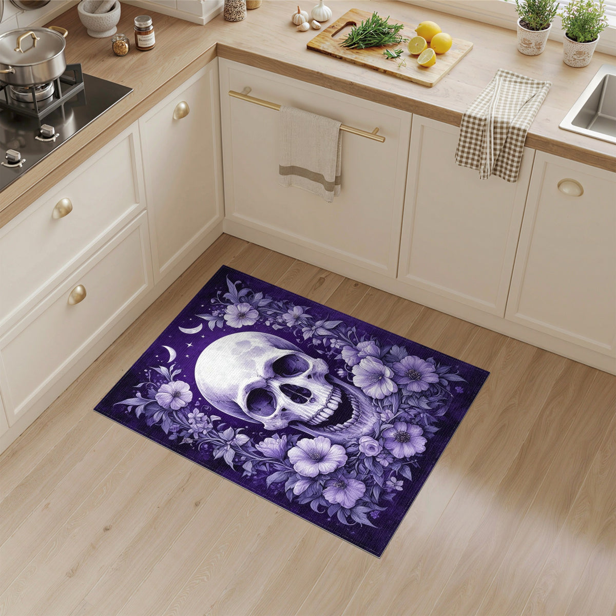 Floral Vintage Purple Floral Skull Area Rug