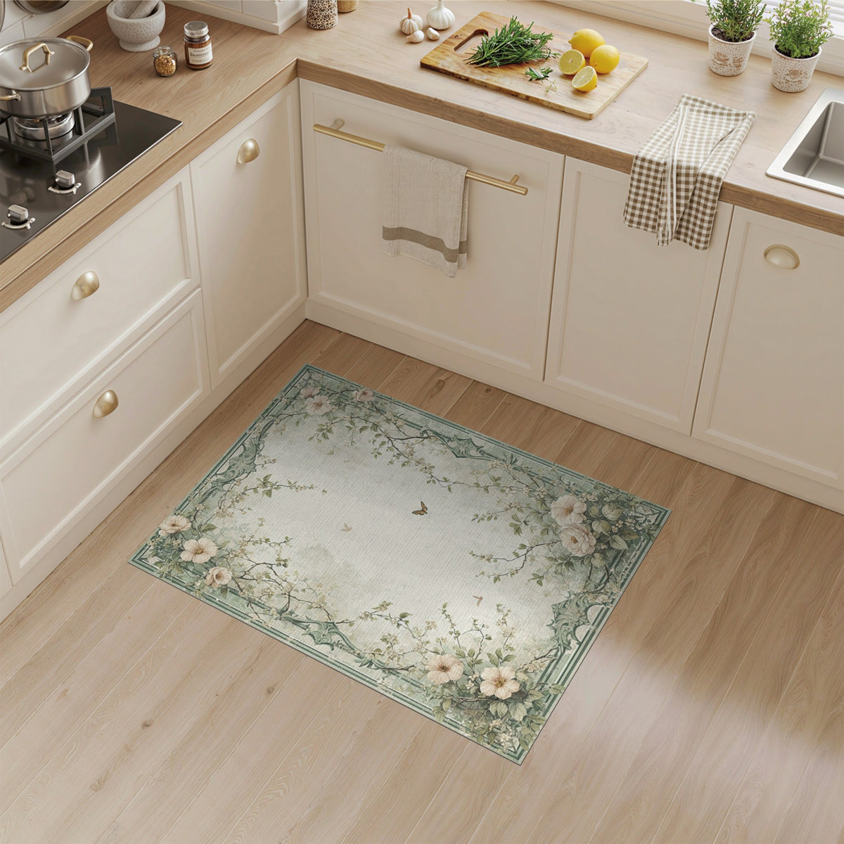 Sage Green Floral Vintage Area Rug
