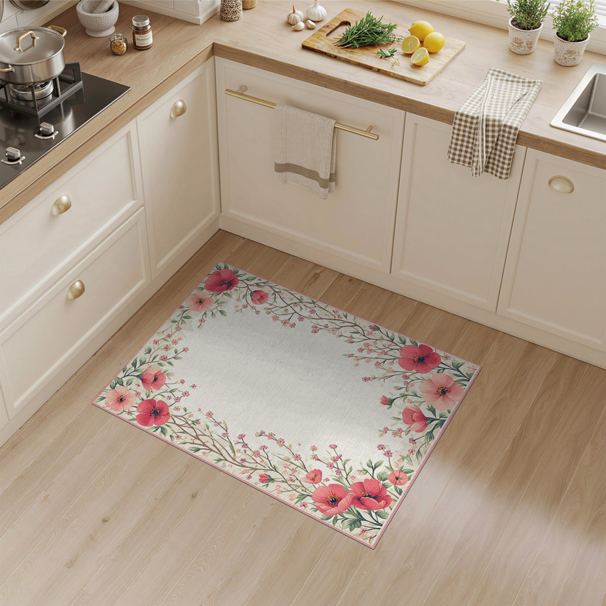 Floral Vintage Pink Poppy Floral Vintage Area Rug